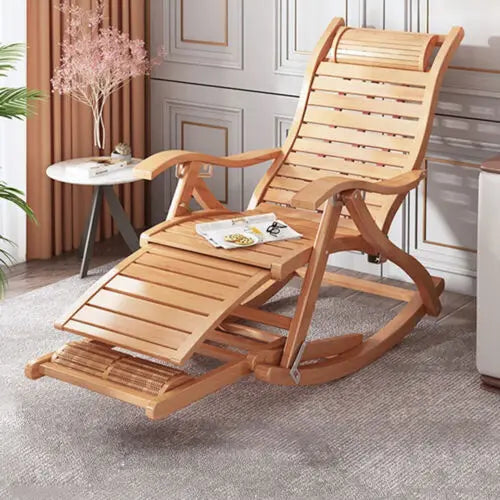 Heavy Duty Folding Bamboo Rocking Chair Indoor Outdoor Lounge Sun Lounger