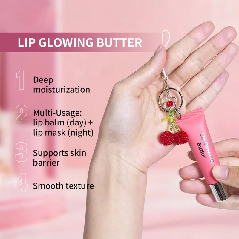 Moisturizing Lip Glowing Butter Lip Gloss with Cherry Pendant - Hydrating, Long-Lasting, Plumping, Shiny Lip Tint