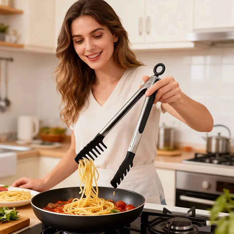 10-Inch Stainless Steel Long-Handled Food Tongs for Pasta Salad Grilling