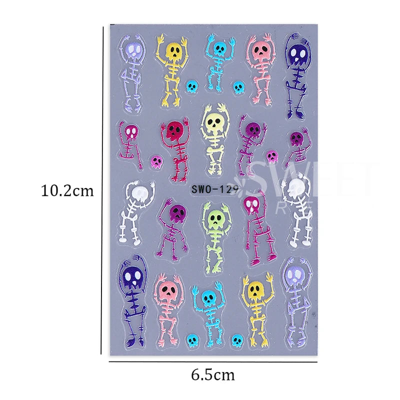 2pcs Skeleton Halloween Nail Stickers Cartoon Skull Head Textured Decals DIY Manicure Accessories