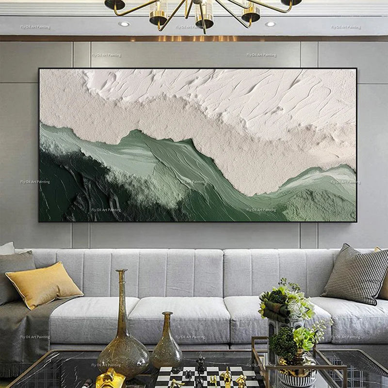 Large Handpainted Green and Beige Oil Painting Wall Art for Room Decor