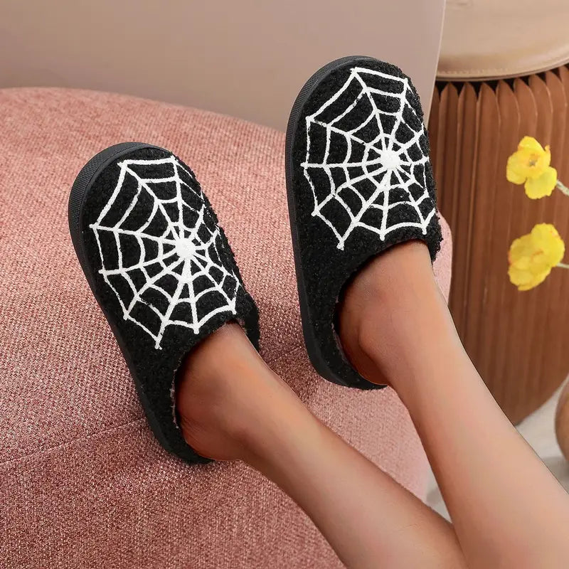 Halloween Spider Web Pattern Plush Woolen Cotton Indoor Slippers - Non-Slip Comfortable Shoes for Men & Women