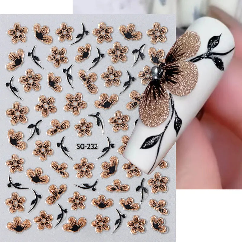 2 Pack Gold Black Glitter Flower Nail Decals - Watercolor Floral Stickers