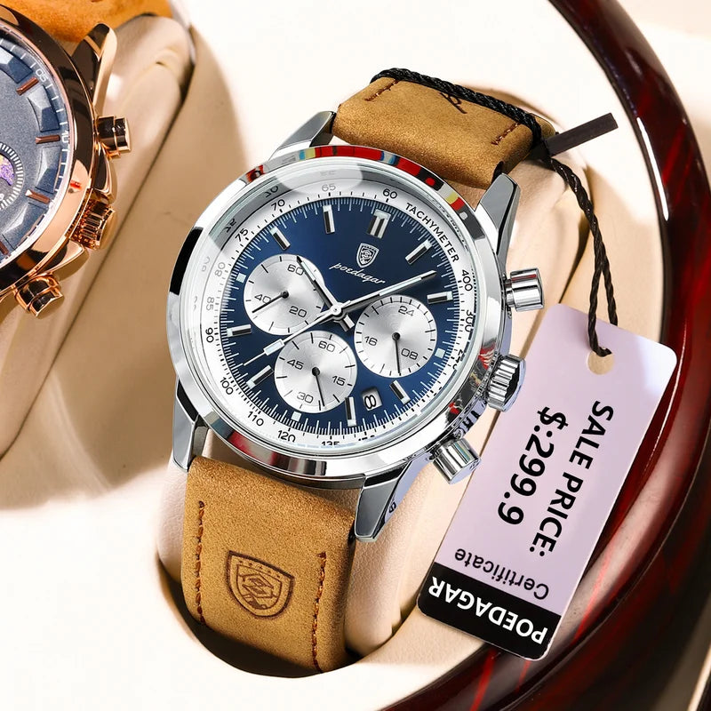Men's Quartz Watch Waterproof Luminous Chronograph Military Leather Watch