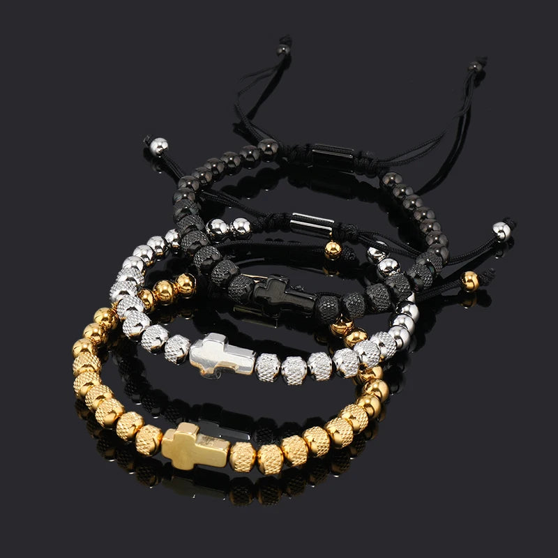 Unisex Stainless Steel Cross Charm Bracelet for Women Men Beaded Jewelry Gift