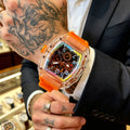 Men's High-End Barrel-Shaped Transparent Quartz Watch with Rainbow Dial Waterproof Wristwatch