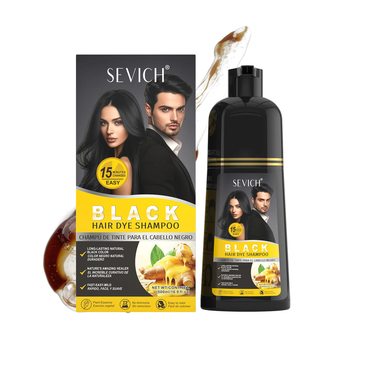 Herbal Hair Dye Shampoo - Black Plant-Based Permanent Color for Gray Hair - 500ml