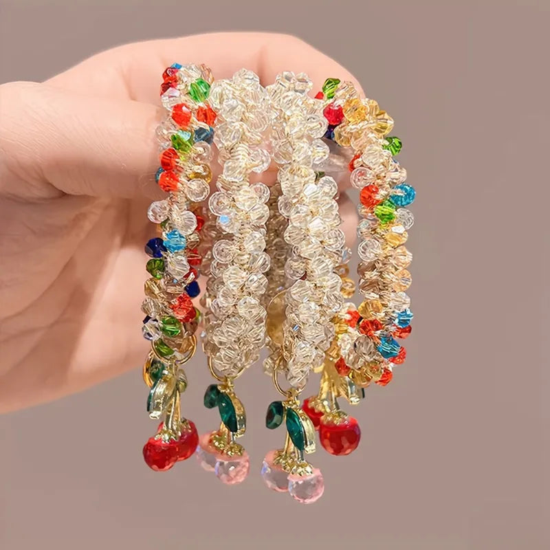 Colorful Crystal Cherry Hair Rope & Headband Set - Elastic Hair Accessories for Women