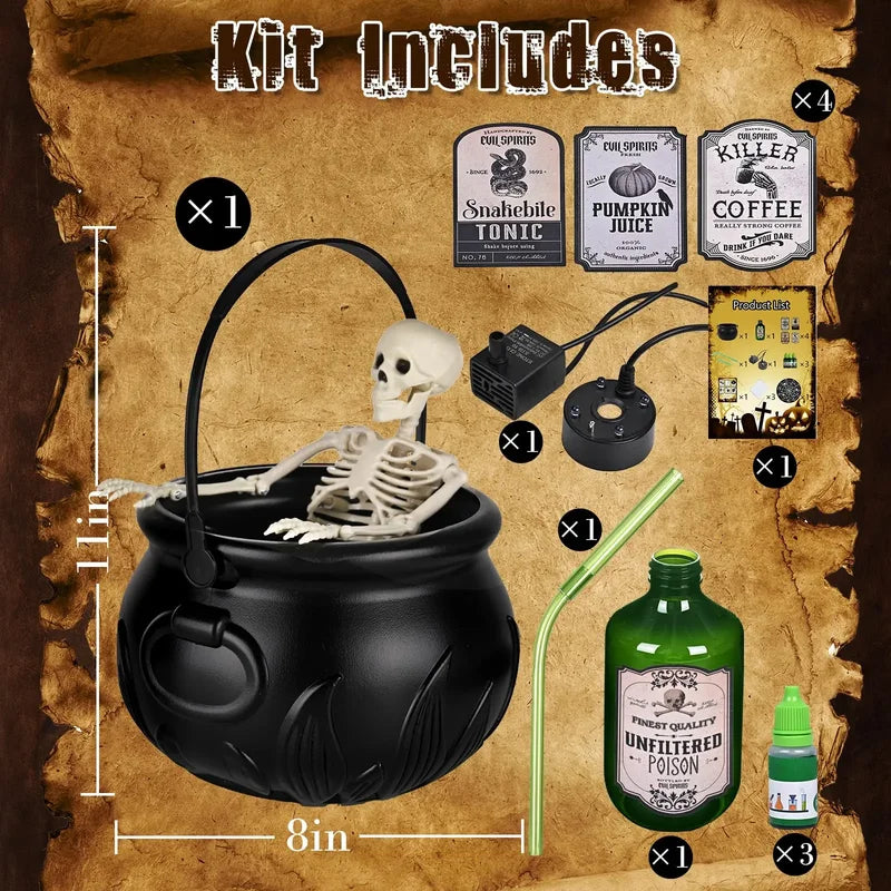 Halloween Witch Cauldron with LED Light & Fog Effect – Spooky Skeleton Decor