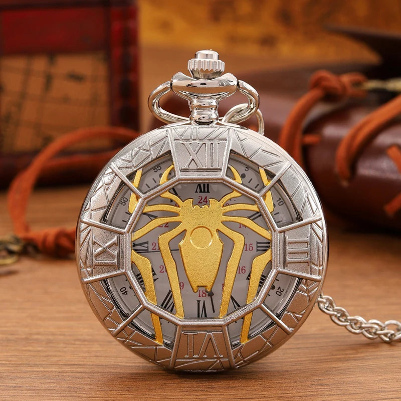 Antique Skeleton Spider Pocket Watch Necklace with Roman Numerals - Men's & Women's Chain Gift