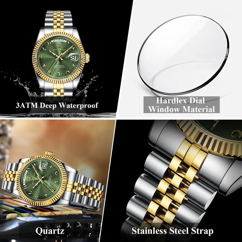 Men's Waterproof Stainless Steel Quartz Wristwatch with Date and Week Display