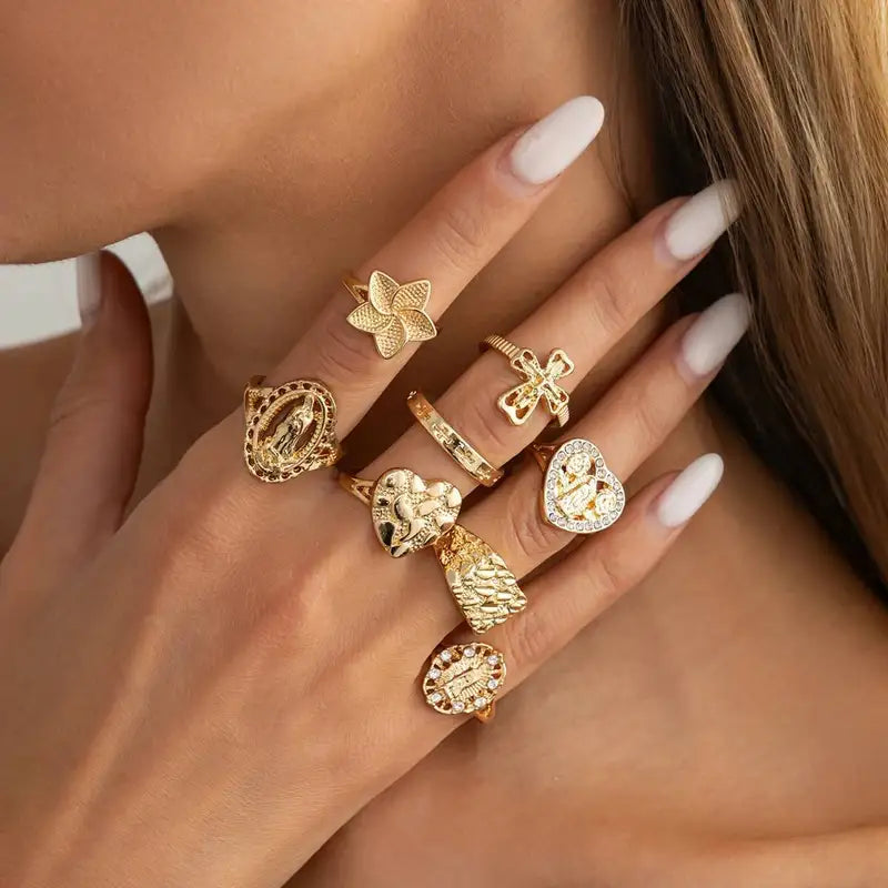 8-Piece Gold Cross Virgin Mary Open Ring Set Women’s Jewelry with Heart Inlaid Diamond Charm