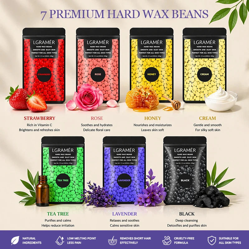 Hard Wax Beads for Coarse Hair Removal, Painless Waxing Beans & Spatulas