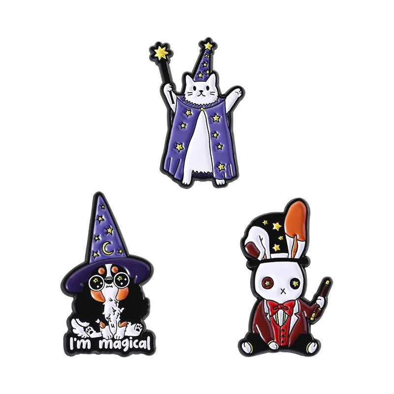 Halloween Animal Enamel Pin Set — Frog Wizard Brooches for Kids & Friends