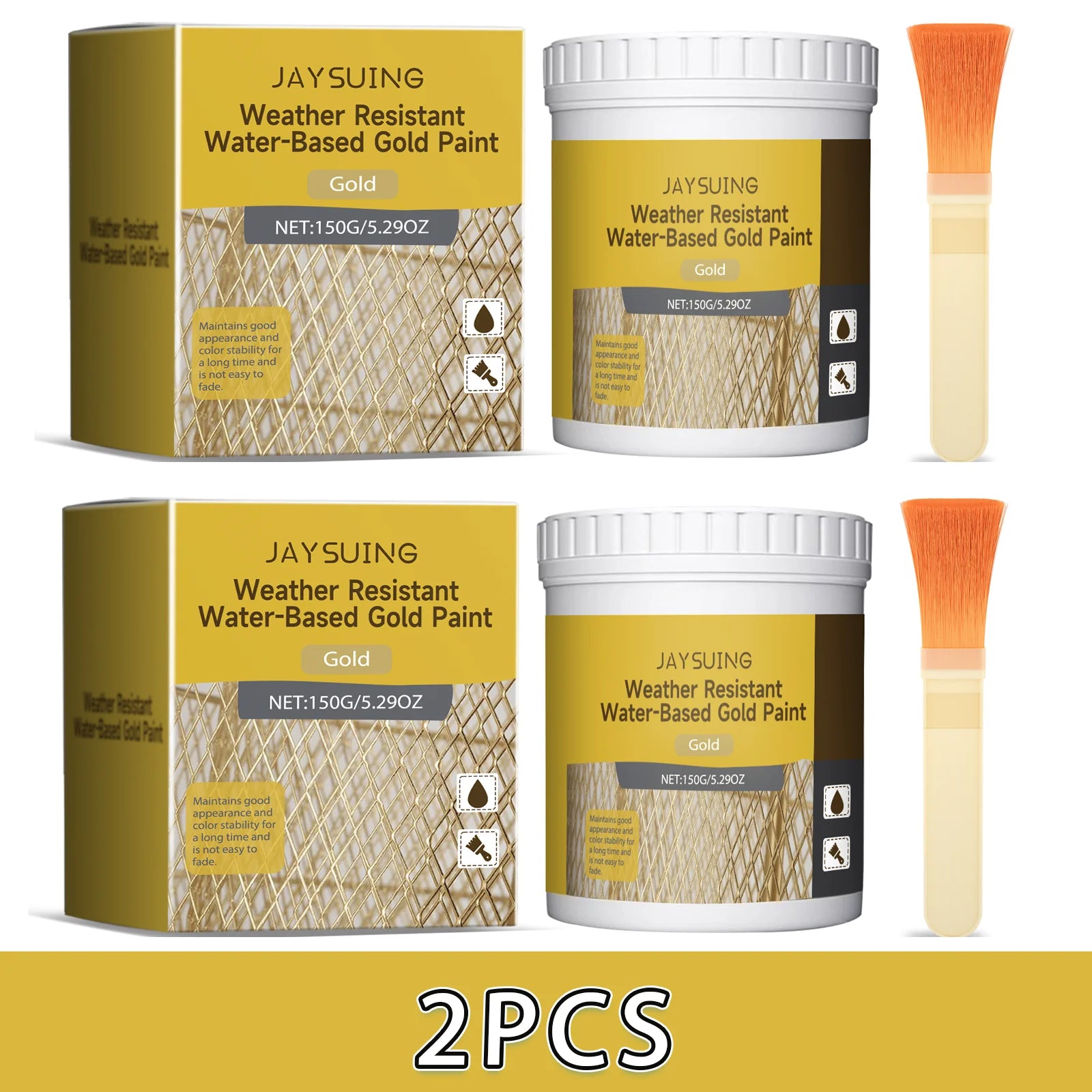 Gold Metallic Paint Set with Brush for Faux Gold Decorations on Metal, Wood, Wall, Fence & Furniture