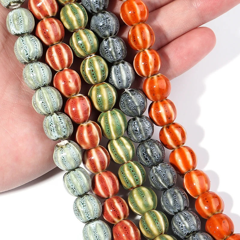 Pumpkin Shape Stripe Ceramic Beads for Jewelry Making - Colorful Floral Glaze, 11.5mm, 1 Strand