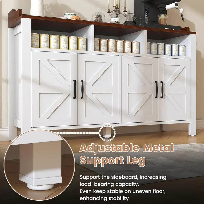 Farmhouse Style Buffet Cabinet with 4 Doors and 3 Open Shelves - Customizable Colors