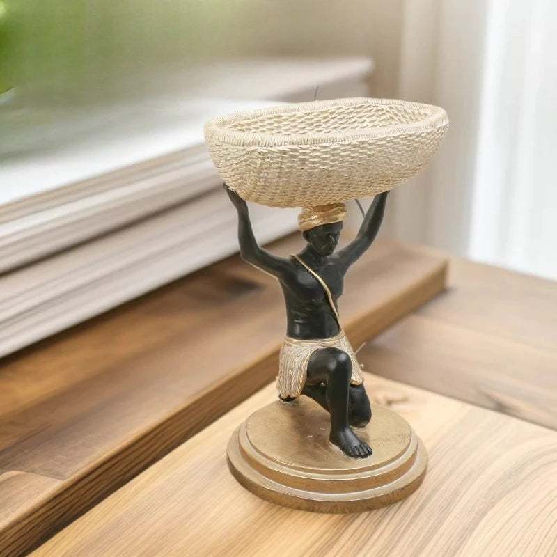 African Black Resin Basket Sculpture | Tribal Woven Storage Decor for Living Room & Entryway