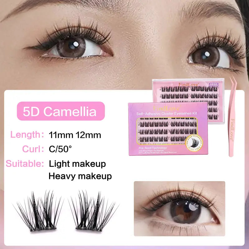 Self-Adhesive 5D Camellia Eyelash Clusters - Reusable No Glue Needed, 11-12mm