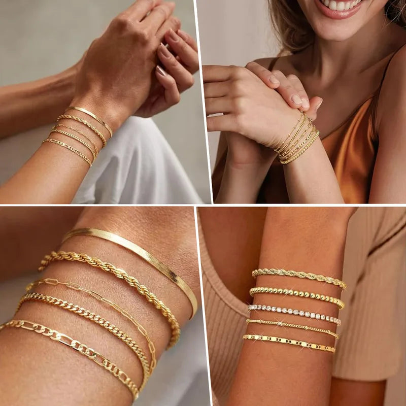 Non Tarnish Gold Plated Stainless Steel Stackable Bracelet for Women, Waterproof, Thin Chain Jewelry