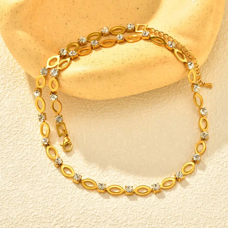 Gold Color White Zircon Hollow Oval Chain Necklace for Women