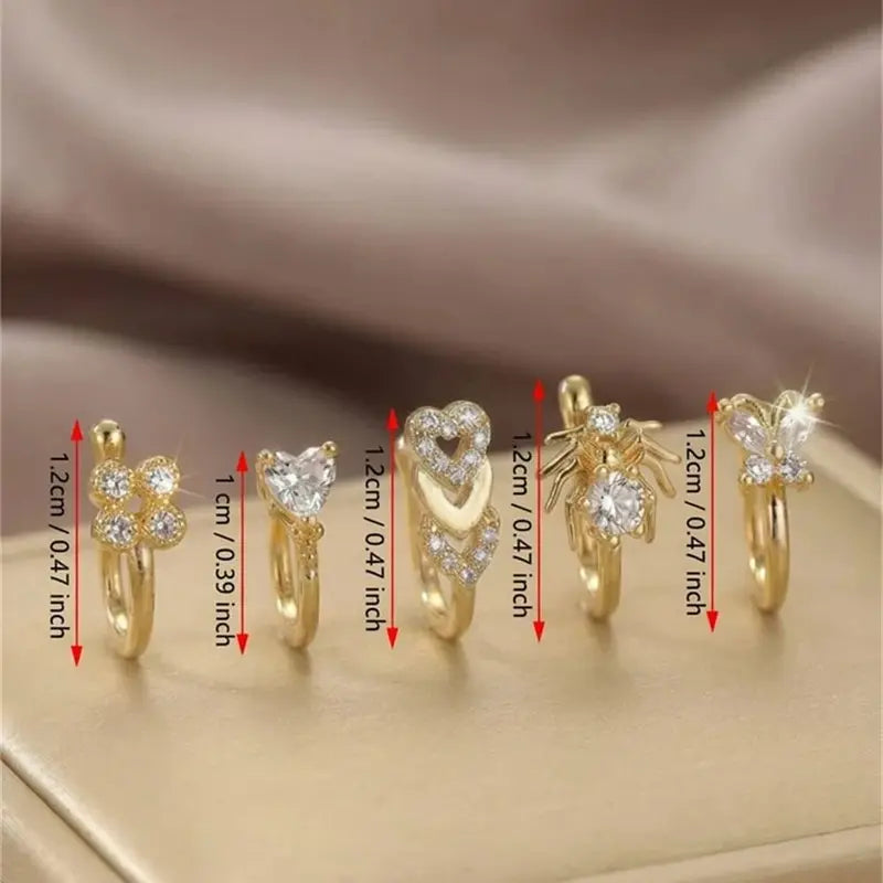 5Pcs Faux Nose Clip Set Heart Clover Spider Design Fashion Accessories