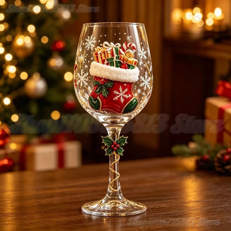 Festive Christmas Wine Glasses Set - 3D Embossed Holiday Goblets for Party Decor