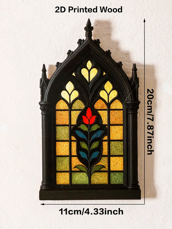 Gothic Church Window Style Wooden Decor - Halloween, Floral & Geometric Patterns for Home & Shelf