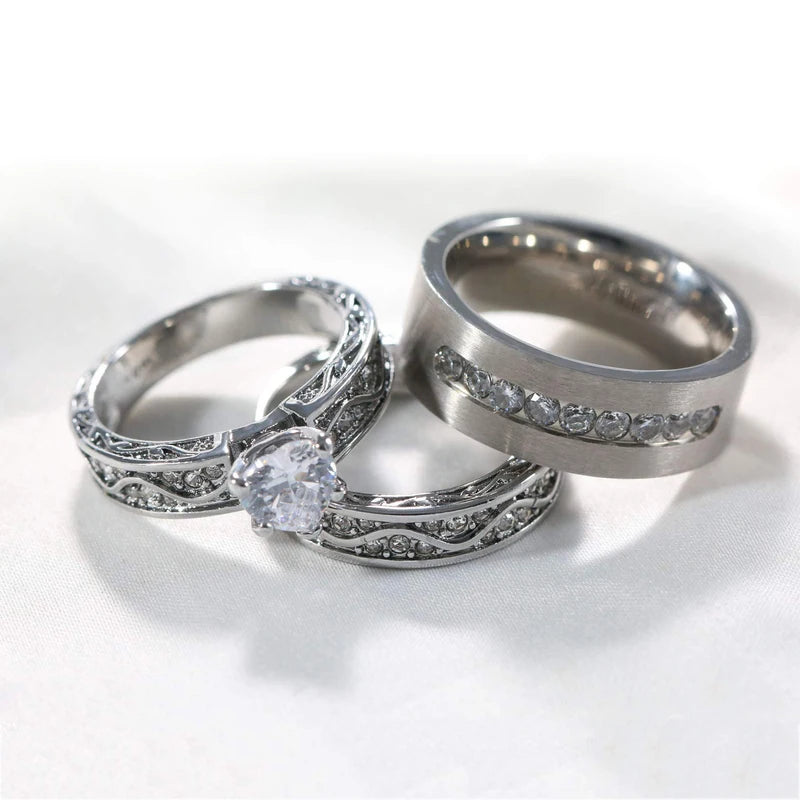 Fashion Couple Rings Set Men's CZ Stainless Steel & Women's Heart Cut Crystal Engagement Jewelry