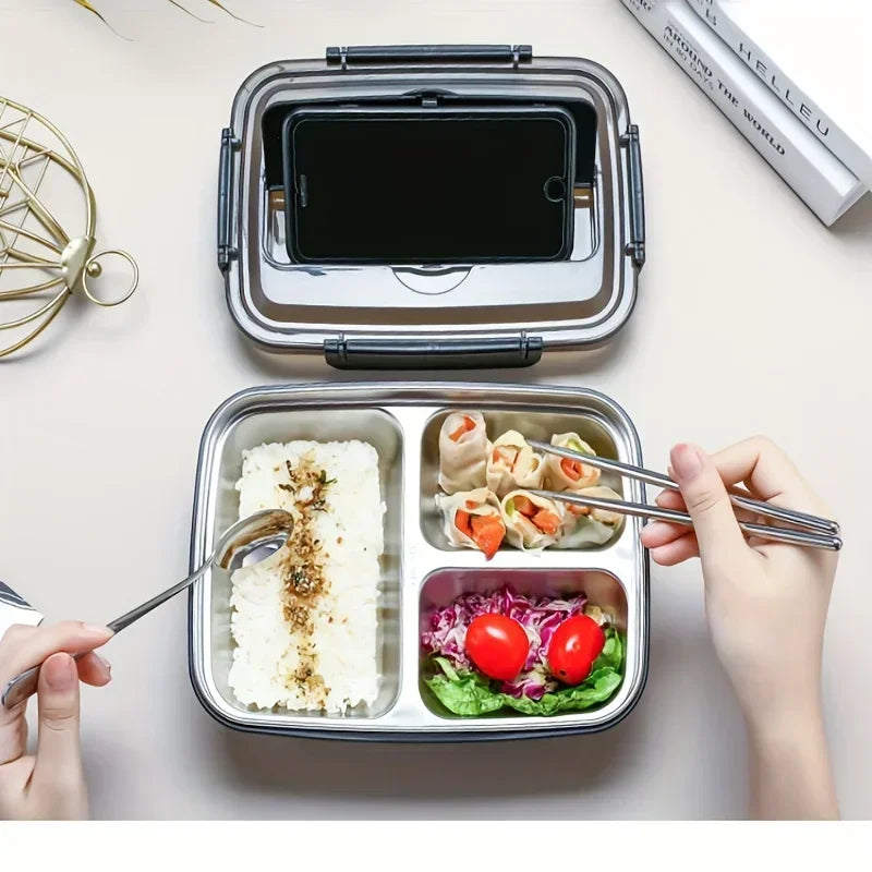 Durable Stainless Steel Bento Lunch Box with 3 Compartments for Office & School