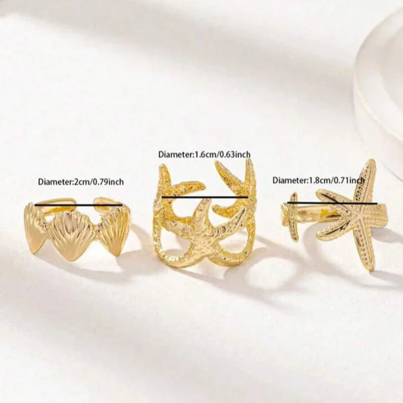 Vintage Metal Ocean Shell Starfish Open Mouth Rings Set for Women & Girls - Summer Party Jewelry