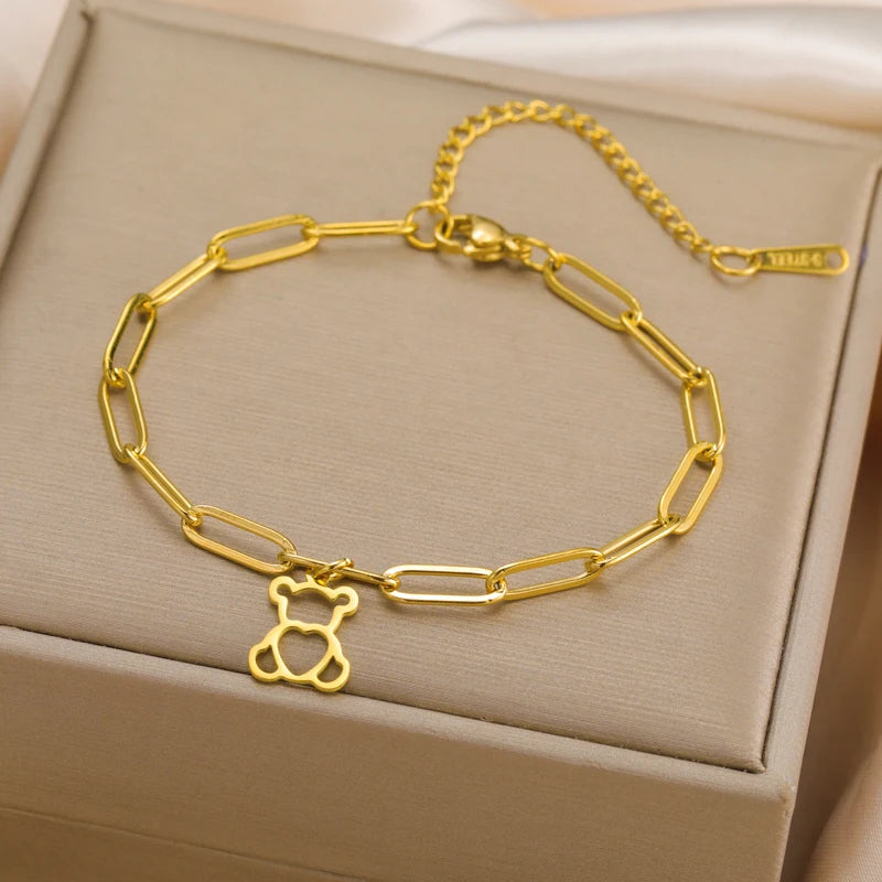 Cute Love Bear Pendant Women's Bracelet with Heart Charm - Stainless Steel Jewelry for Valentine's Day