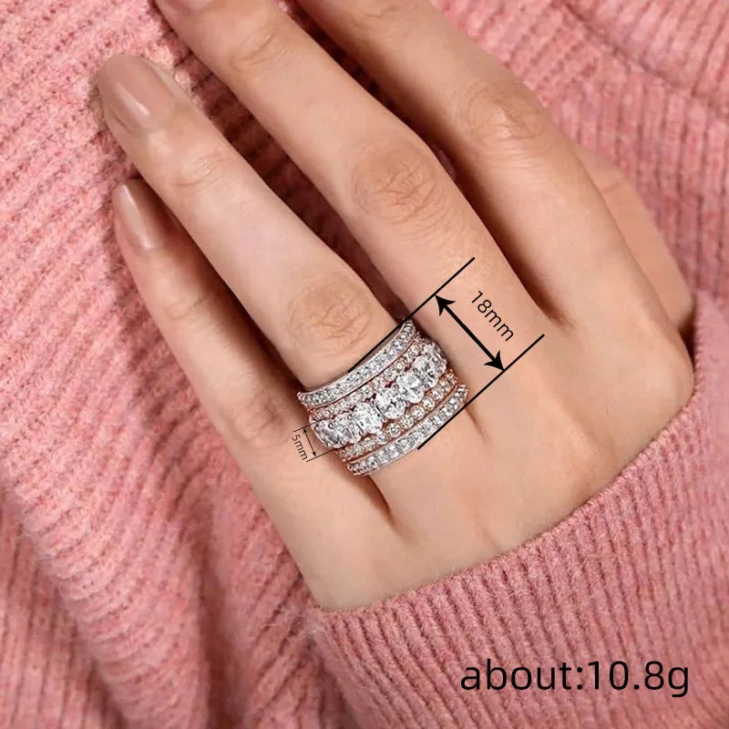 Luxury Two-Tone Wide Ring for Women Cubic Zirconia Party Jewelry
