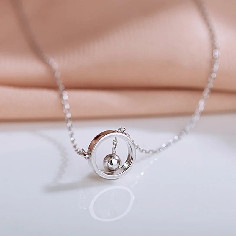 Silver Geometric Beads Circle Pendant Necklace for Women - Tassel Chain Choker Jewelry