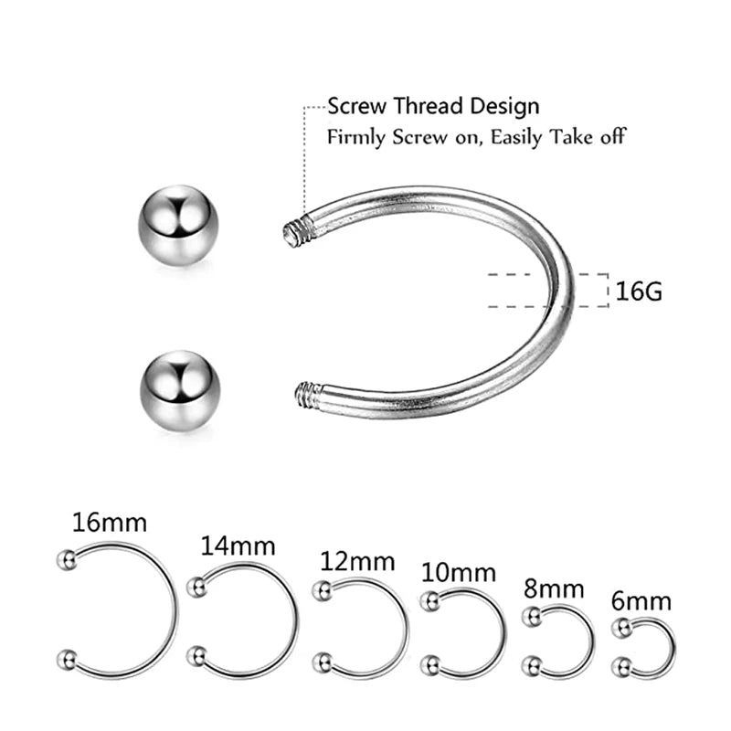 12Pcs Stainless Steel Nose & Septum Rings Body Piercing Jewelry 6MM-16MM Black Silver