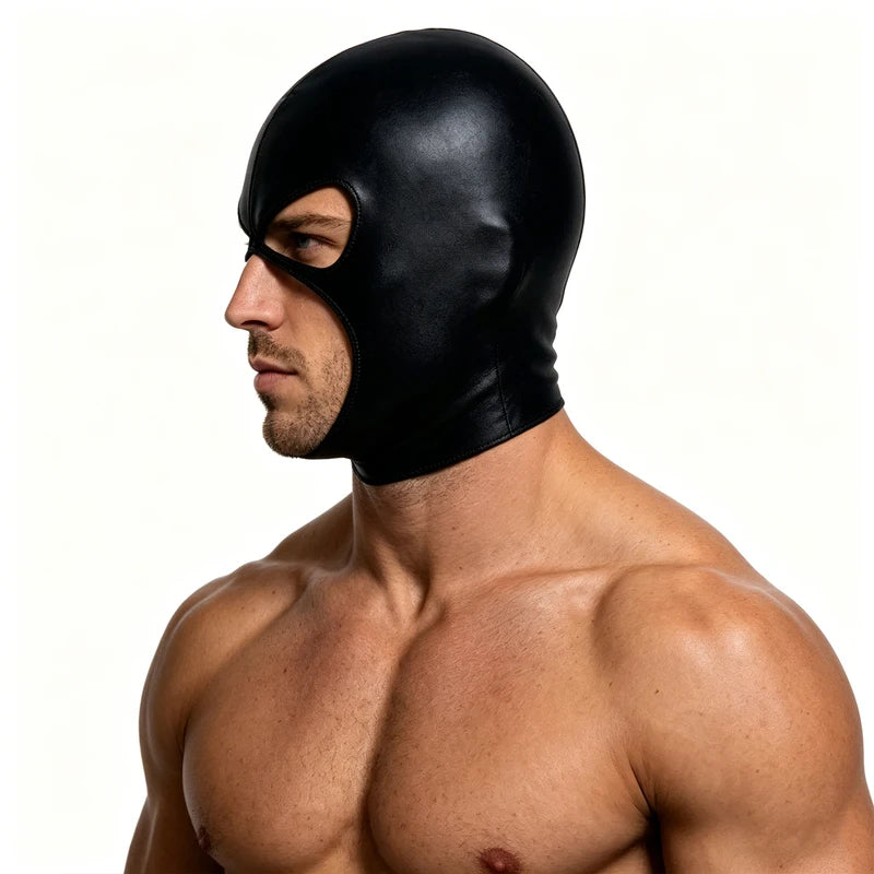 Unisex Faux Leather Hood Mask with Open Mouth Holes for Cosplay and Halloween