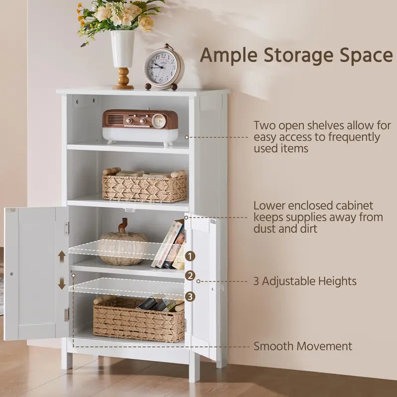 White Freestanding Storage Cabinet with Double Doors & Adjustable Shelves