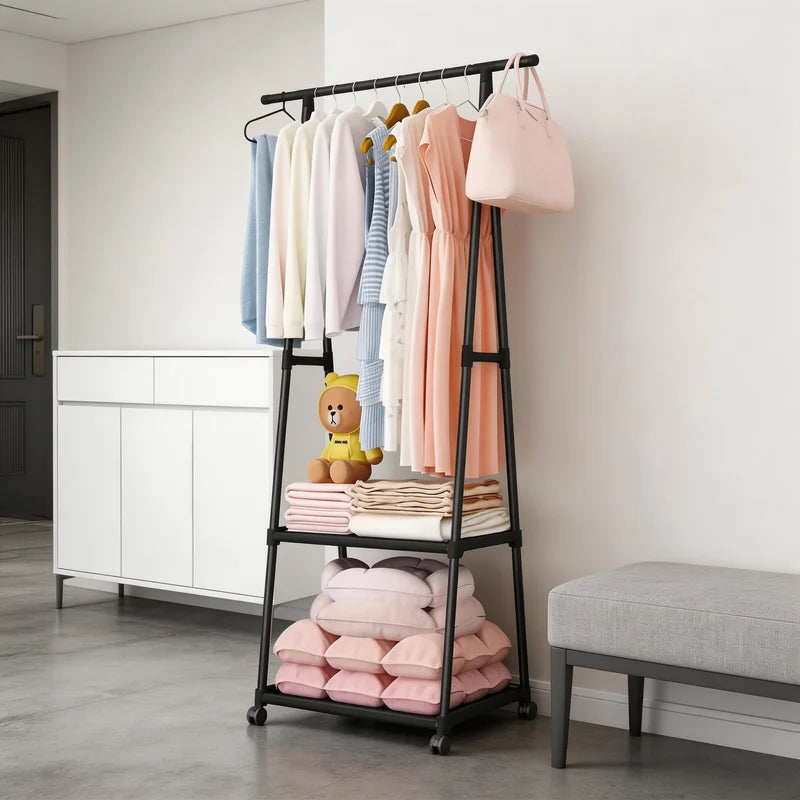 Multifunctional Movable Coat Rack Stand with Shelves Space-Saving Clothes Organizer