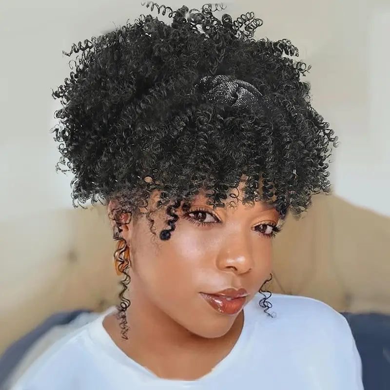Black Women's Curly Hair Wig with Headscarf and Tassel - Short Synthetic African Style
