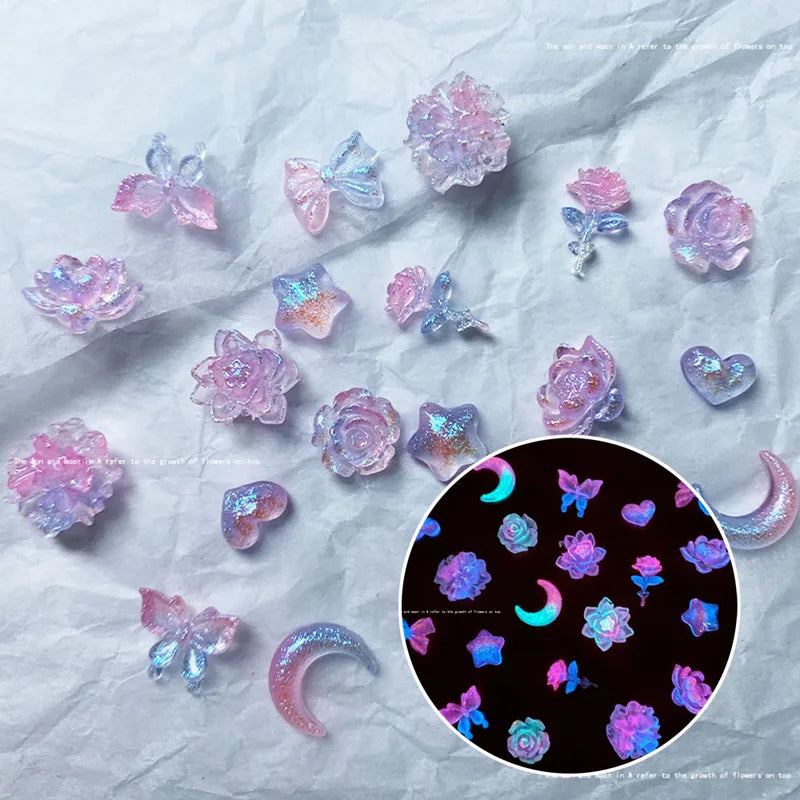 Luminous Nail Art Charms 50pcs Mix Aurora Flower Moon Star Heart Butterfly DIY Decorations