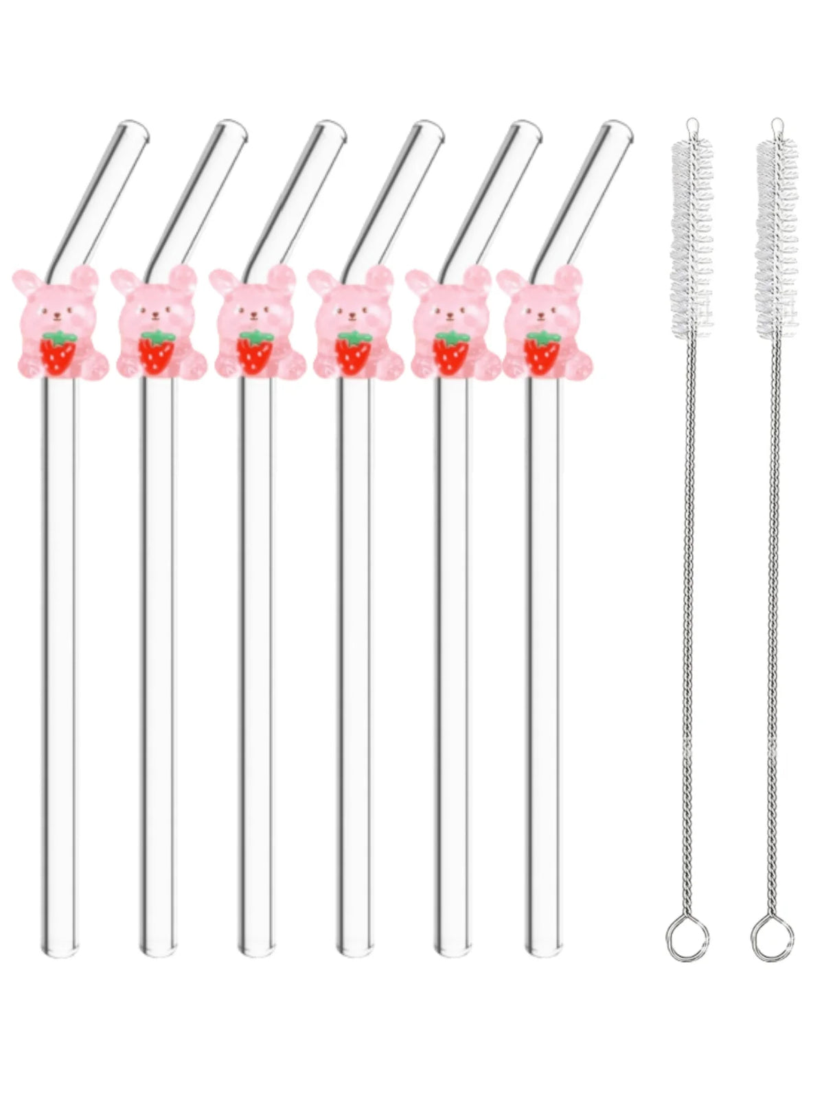 Cartoon Rabbit & Bear Glass Drinking Straws, Reusable Bendable Drinkware for Smoothies & Cocktails
