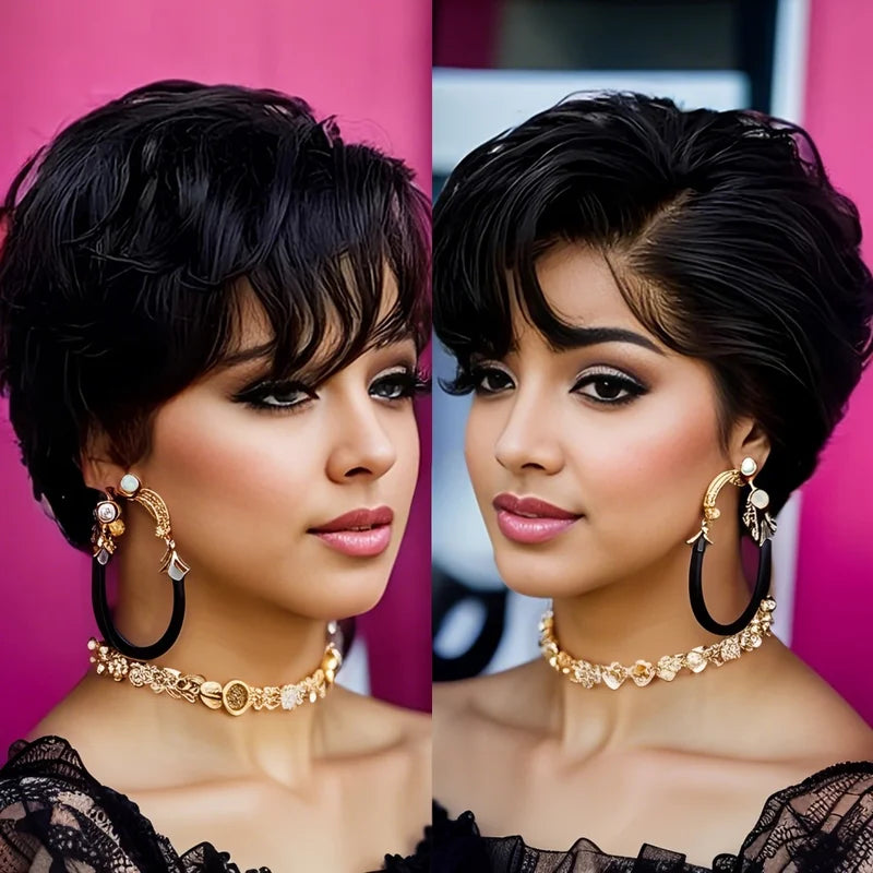 13x4 Lace Front Human Hair Wig Short Pixie Cut with Bangs & Natural Wave