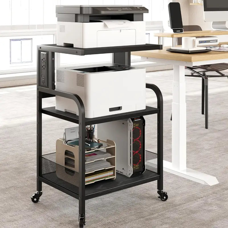 3-Tier Mobile CPU Stand Printer Shelf with Adjustable Shelves & Rolling Wheels
