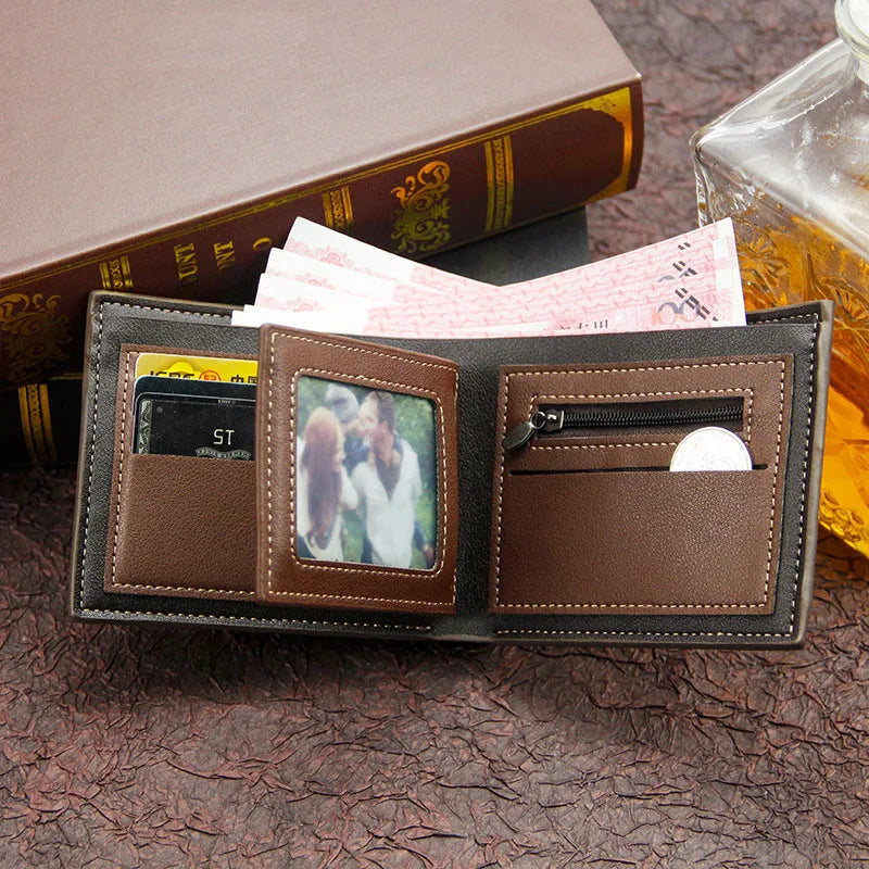 Engraved Men Wallet with Photo Holder Slim Coin Pocket Card Case Frosted Leather
