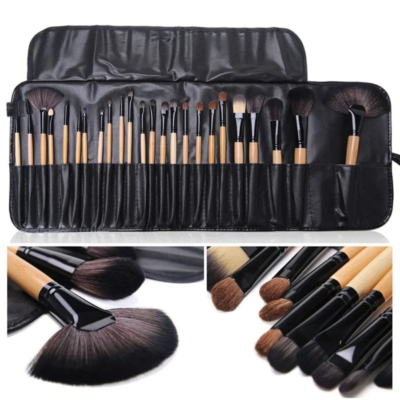 24-Piece Makeup Brush Set with Portable Leather Case - Professional Cosmetics Tools