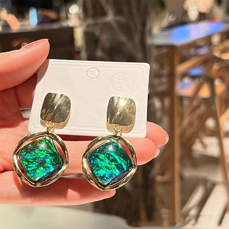 Gradient Green Square Pendant Earrings Geometric Dangle Jewelry for Women