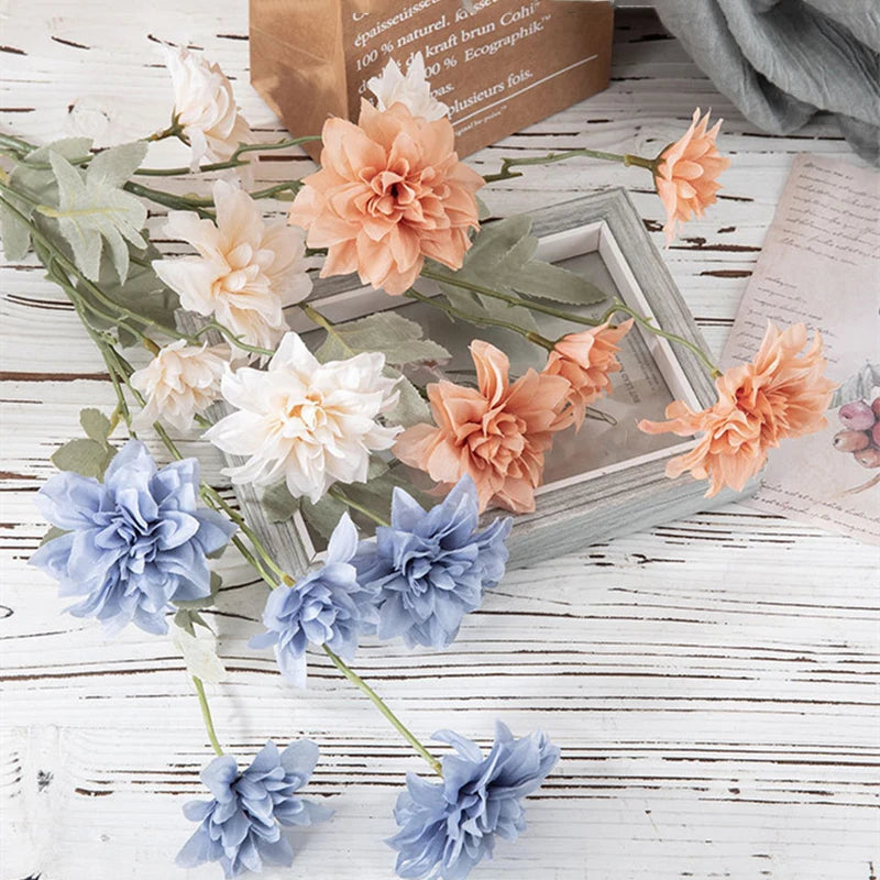 Artificial Dahlia Flowers 5 Heads Silk Chrysanthemum for Wedding Home Decor