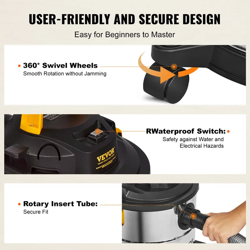 Stainless Steel Wet Dry Shop Vacuum Cleaner with Powerful Suction for Carpet and Pet Hair