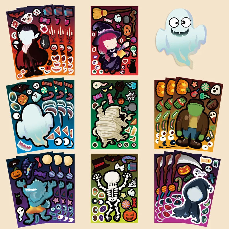 8Sheets Cartoon Halloween Puzzle Stickers Make-A-Face DIY Children's Waterproof Decals