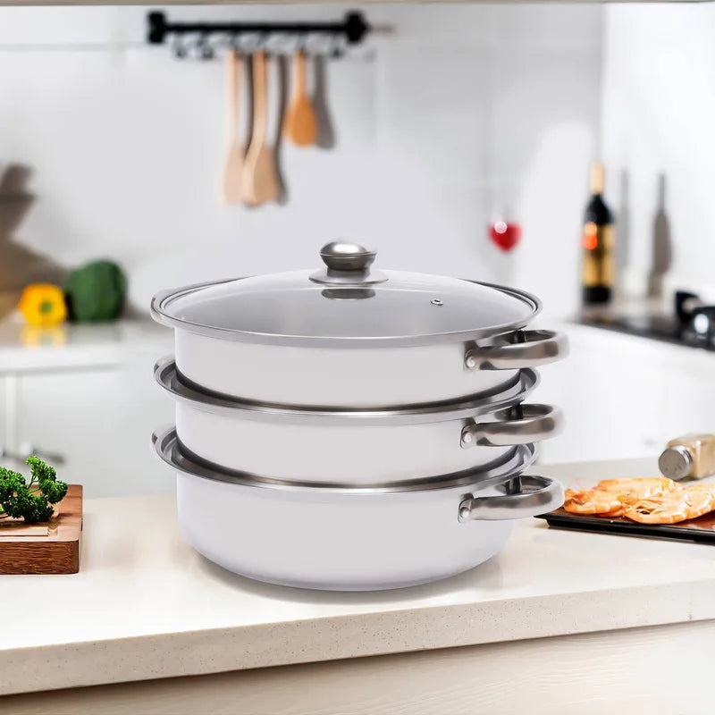 28cm 3-Tier Stainless Steel Food Steamer Set with Glass Lid for Healthy Cooking